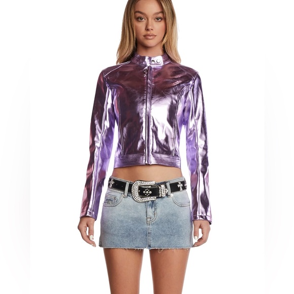 NWT Dolls Kill Generation KISS DRAMA MOTO JACKET Metallic Vegan Leather Pink Med - Picture 10 of 13